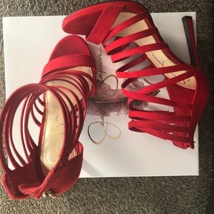 strappy red Jessica Simpson heels